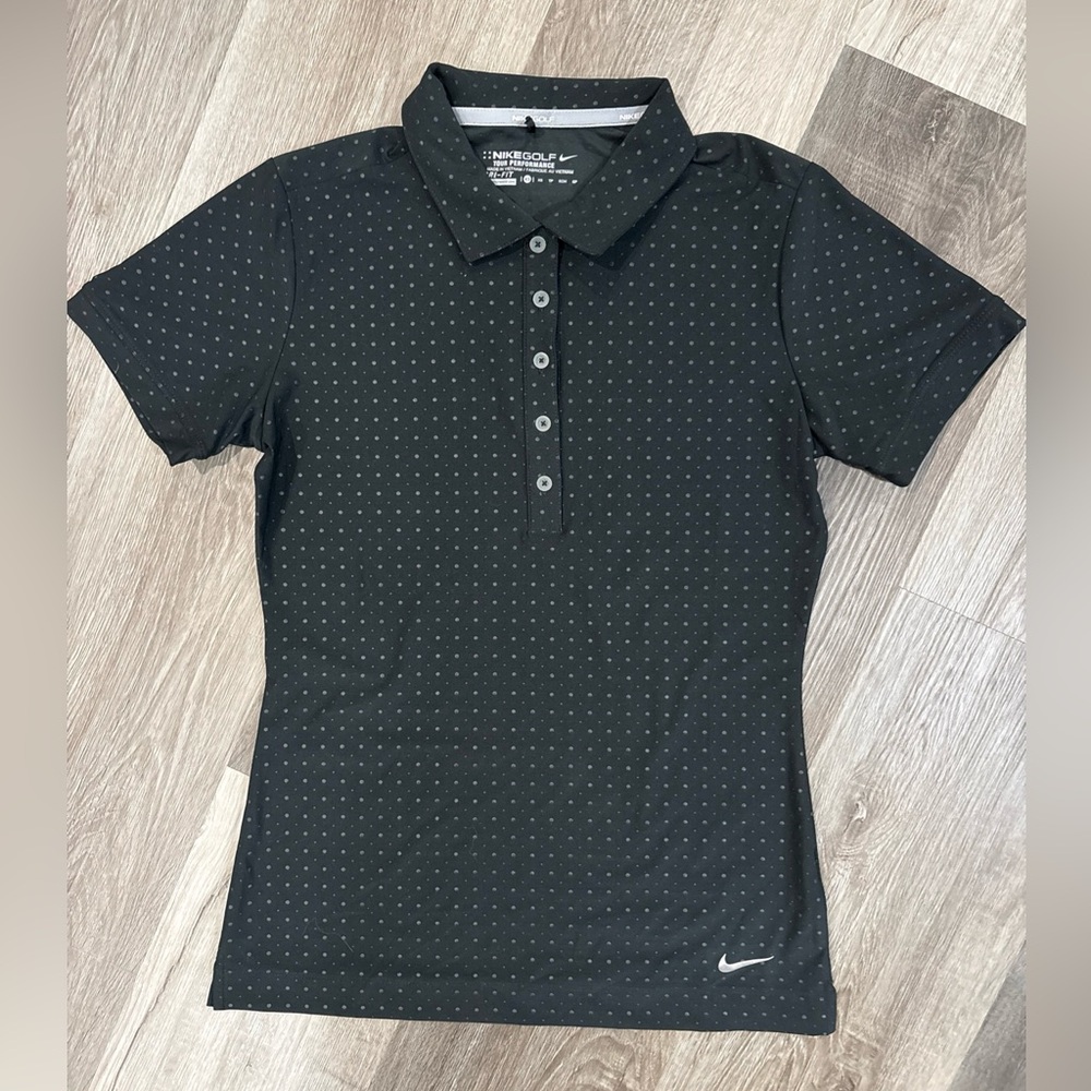 Nike Golf Shirt Womens XS Black Polo Quick Dry Polka Dot Tour Performance Active